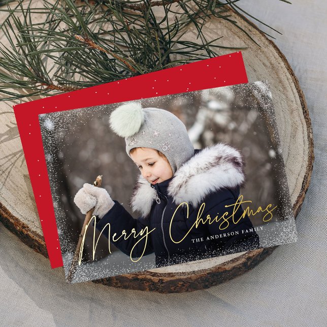 Modern Merry Christmas Script Photo Foil Holiday Card (Creator Uploaded)