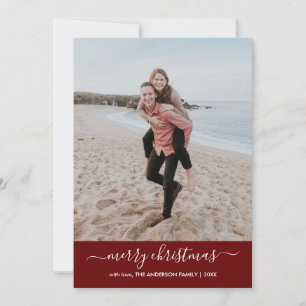 Modern Merry Christmas Script Photo Red Chevron Holiday Card