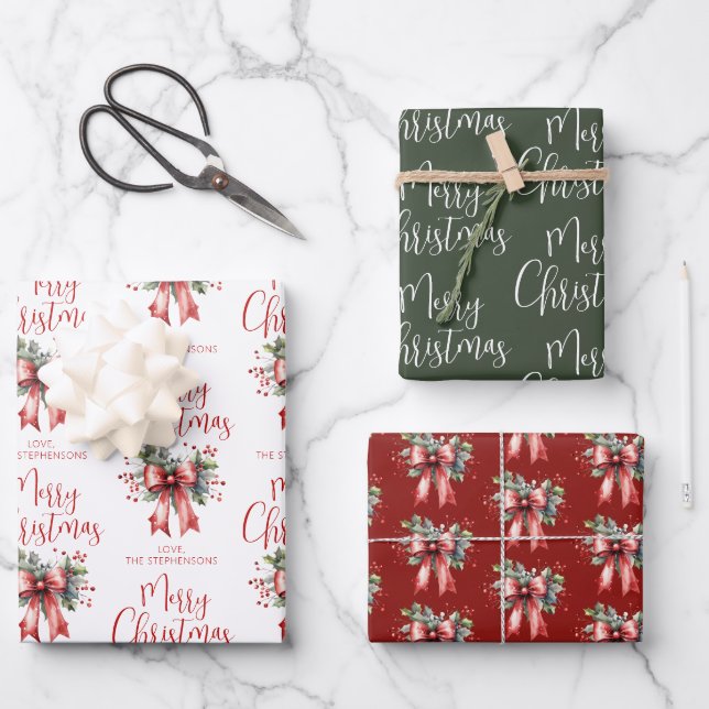 Modern Merry Christmas Script Red Bow Holly Name Wrapping Paper Sheet (Front)