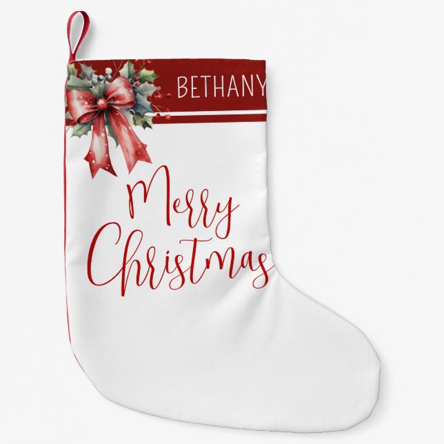 Modern Merry Christmas Script Red Bow Name Small Christmas Stocking (Front)