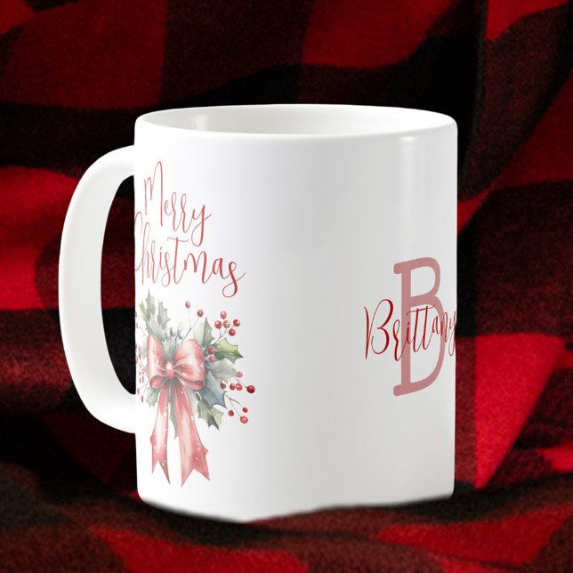 Modern Merry Christmas Script Red Bow Personalised Coffee Mug (Creator Uploaded)