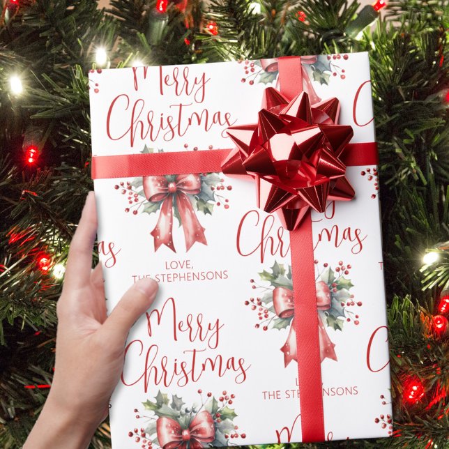 Modern Merry Christmas Script Red Bow Personalised Wrapping Paper (Creator Uploaded)