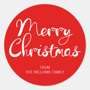 Modern Merry Christmas Script Red Round Sticker