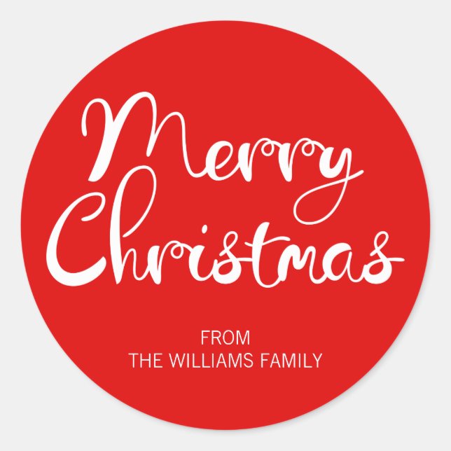 Modern Merry Christmas Script Red Round Sticker (Front)