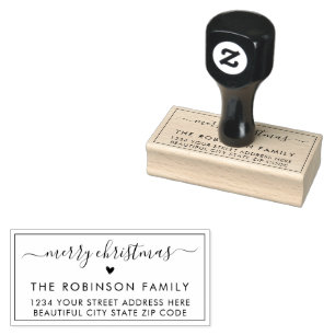Modern Merry Christmas Script Return Address Heart Rubber Stamp