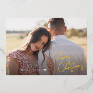 Modern Merry Christmas Script Simple Photo Foil Holiday Card