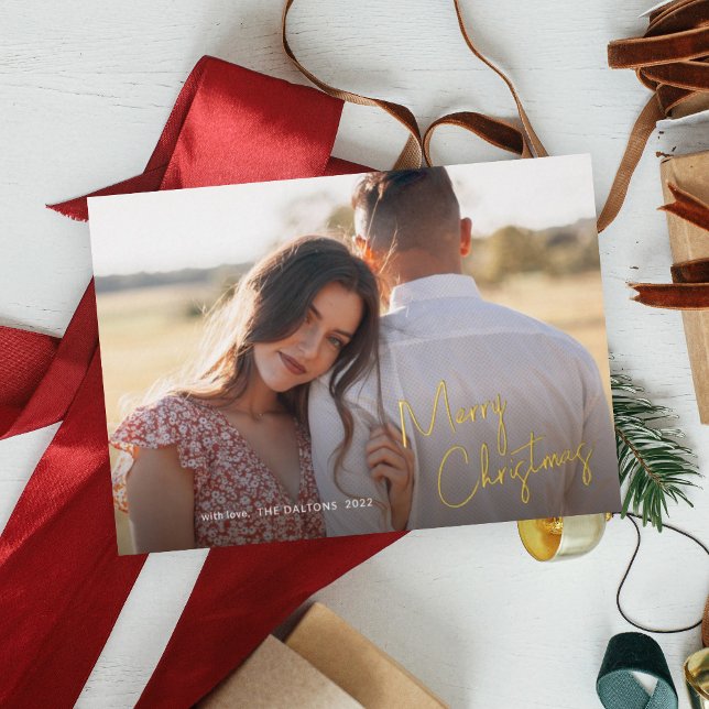 Modern Merry Christmas Script Simple Photo Foil Holiday Card (Creator Uploaded)