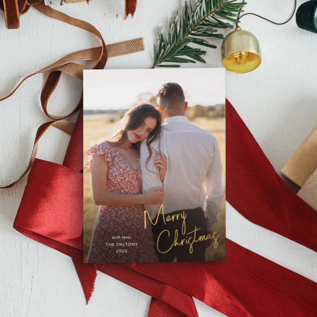 Modern Merry Christmas Script Simple Photo Foil Holiday Card (Creator Uploaded)