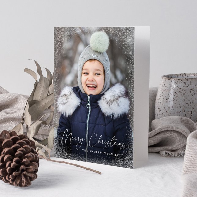 Modern Merry Christmas Script Snow Flurries Photo Holiday Card (Creator Uploaded)