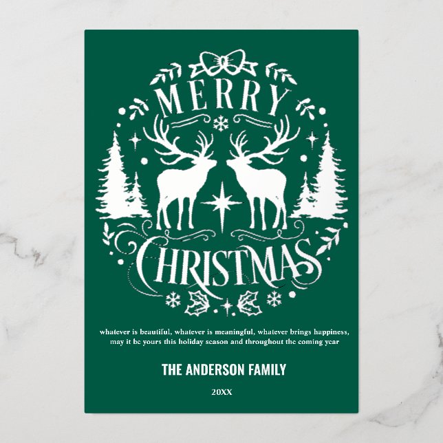 Modern Merry Christmas Silver Reindeer Foil Card (Front)