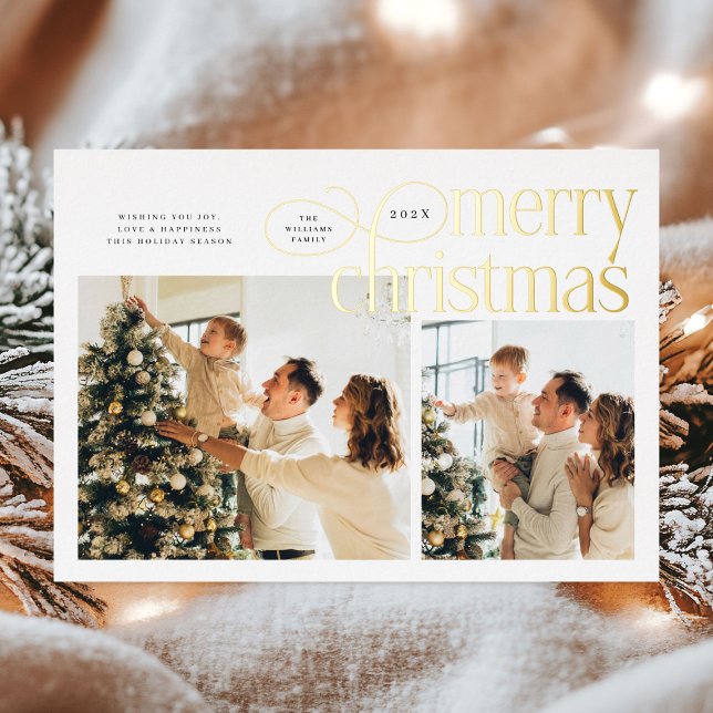 Modern Merry Christmas simple 2 photos family  Foil Holiday Card (Creator Uploaded)