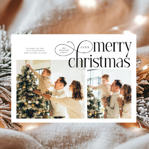 Modern Merry Christmas simple 2 photos family Holiday Card