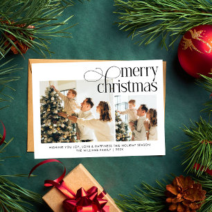Modern Merry Christmas simple 2 photos family  Holiday Card