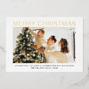 Modern Merry Christmas simple one photo family  Foil Holiday Card