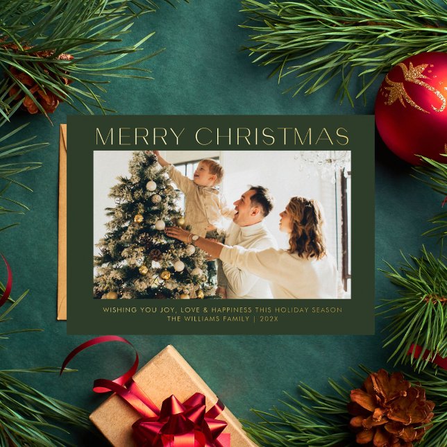 Modern Merry Christmas simple one photo family  Foil Holiday Card (Creator Uploaded)