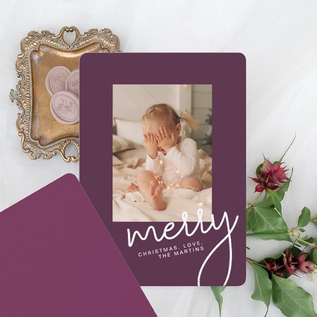 Modern Merry Christmas Simple Script One Photo Holiday Card (Creator Uploaded)