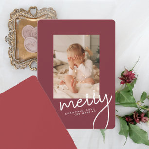 Modern Merry Christmas Simple Script One Photo Holiday Card