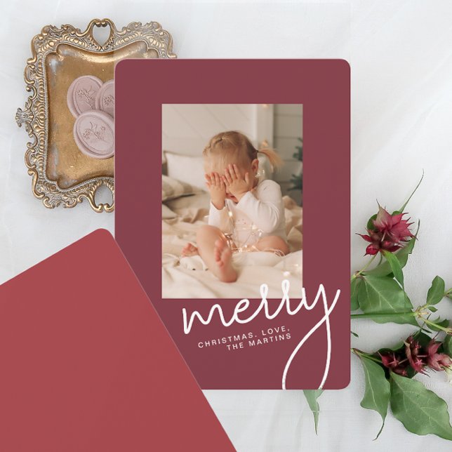 Modern Merry Christmas Simple Script One Photo Holiday Card (Creator Uploaded)