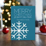 Modern Merry Christmas Snowflake - Non-photo Holiday Card<br><div class="desc">Blue and White - A merry and bright Holiday greeting with snow and Happy New Year greeting. An illustration with some whimsy and festive season symbols. The back of the card includes a trendy chevron pattern.</div>