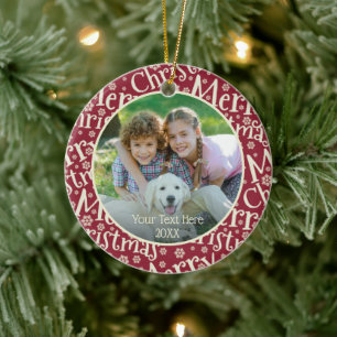 Modern MERRY CHRISTMAS Snowflake Photo Cranberry Ceramic Ornament