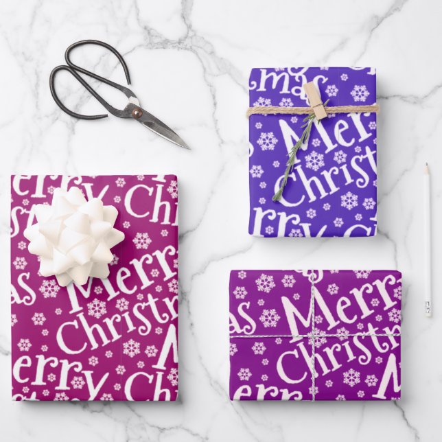 Modern MERRY CHRISTMAS Snowflake Purple Pink Wrapping Paper Sheet (Front)