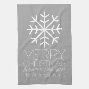 Modern Merry Christmas Snowflake - silver grey Tea Towel