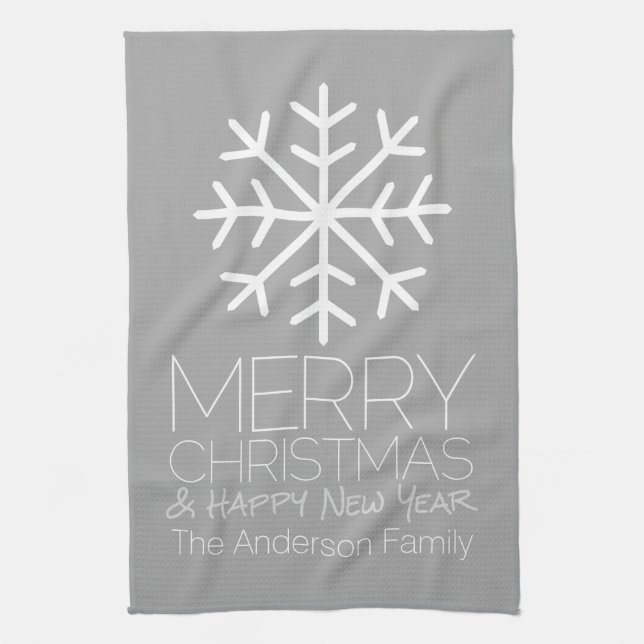 Modern Merry Christmas Snowflake - silver grey Tea Towel (Vertical)