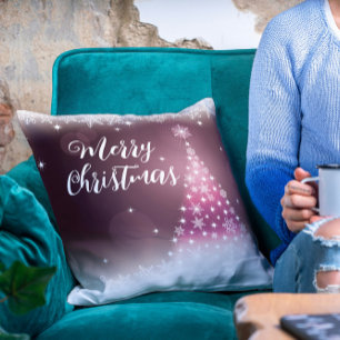 Modern Merry Christmas Snowflake Tree Script Cushion