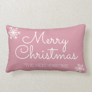 Modern Merry Christmas Snowflakes Family Name Lumbar Cushion
