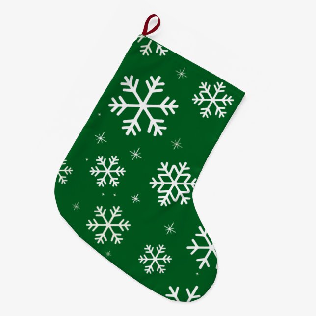 Modern Merry Christmas Snowflakes Pattern Green    Large Christmas Stocking (Front (Hanging))