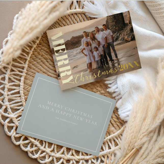 Modern Merry Christmas Soft Blue One Photo Gold  Foil Holiday Card (Creator Uploaded)
