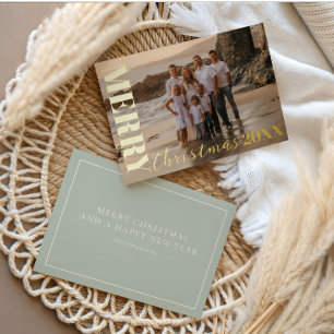 Modern Merry Christmas Soft Green One Photo Gold Foil Holiday Card