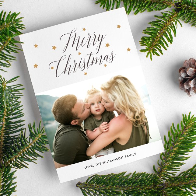 Modern Merry Christmas Starry Script 2 Photos Holiday Card (Creator Uploaded)