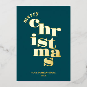 Modern Merry Christmas Teal Corporate Logo Foil Holiday Card