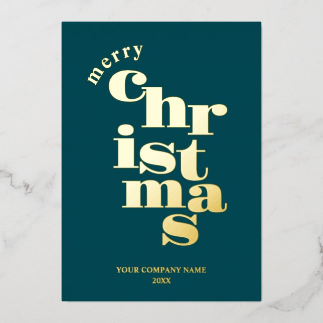 Modern Merry Christmas Teal Corporate Logo Foil Holiday Card (Front)