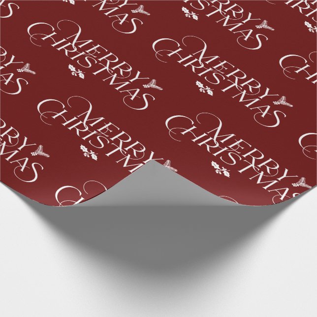 Modern Merry Christmas text with holly, pine Wrapping Paper (Corner)