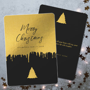 Modern Merry Christmas Tree Black & Gold Non Photo Holiday Card