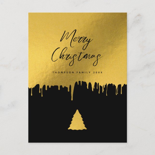 Modern Merry Christmas Tree Black & Gold Non Photo Holiday Postcard (Front)
