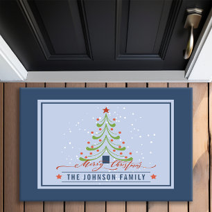Modern Merry Christmas Tree Family Name Monogram Doormat