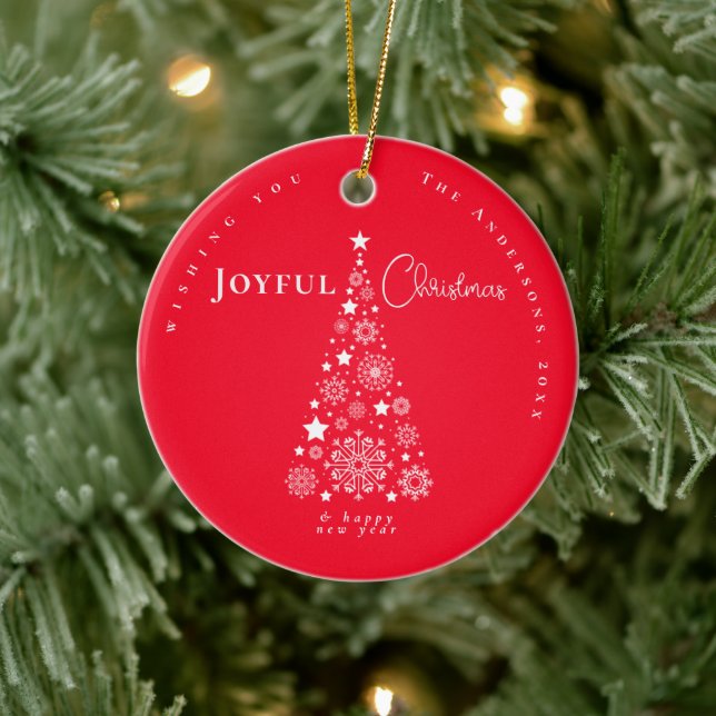 Modern Merry Christmas Tree Family Photo Ceramic Ornament (Tree)