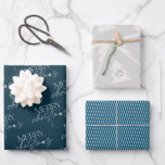 Modern Merry Christmas Tree Navy Wrapping Paper Sheet<br><div class="desc">a beautiful way to wrap your christmas gifts. Featuring the first design with a merry christmas in a modern calligraphy and serif typography combination over a dark navy blue background. The second design a geometric christmas tree with a header that reads "from santa with love" in a modern calligraphy over...</div>