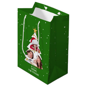 Modern Merry Christmas Tree Photo Collage Green Medium Gift Bag