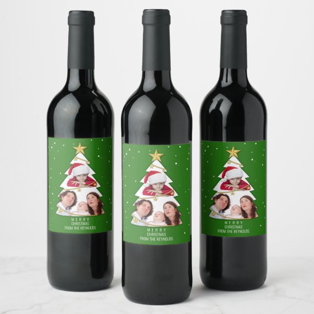 Modern Merry Christmas Tree Photo Collage Green Wine Label (Bottles)
