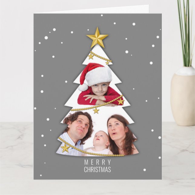 Modern Merry Christmas Tree Photo Collage Grey Card (Front)