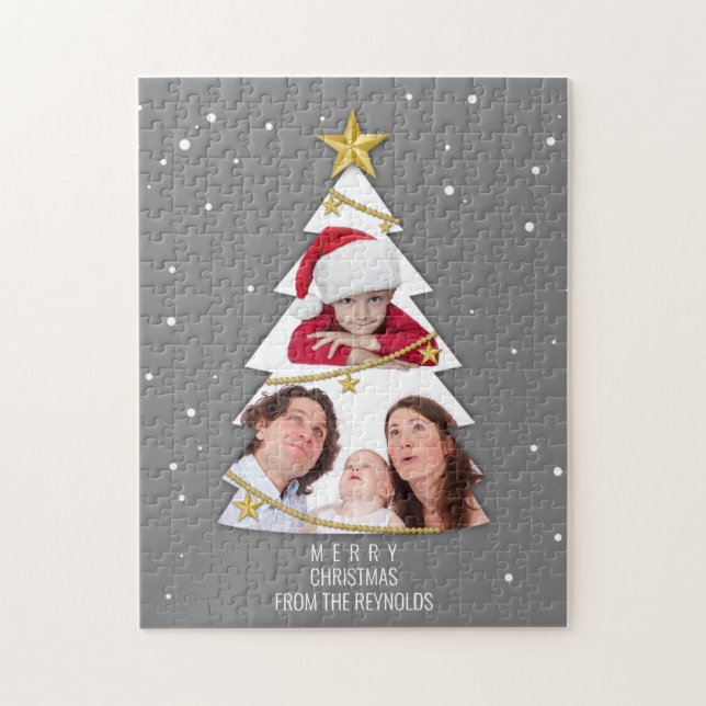 Modern Merry Christmas Tree Photo Collage Grey Jigsaw Puzzle (Vertical)