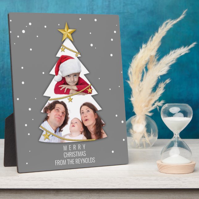 Modern Merry Christmas Tree Photo Collage Grey Plaque (Side)