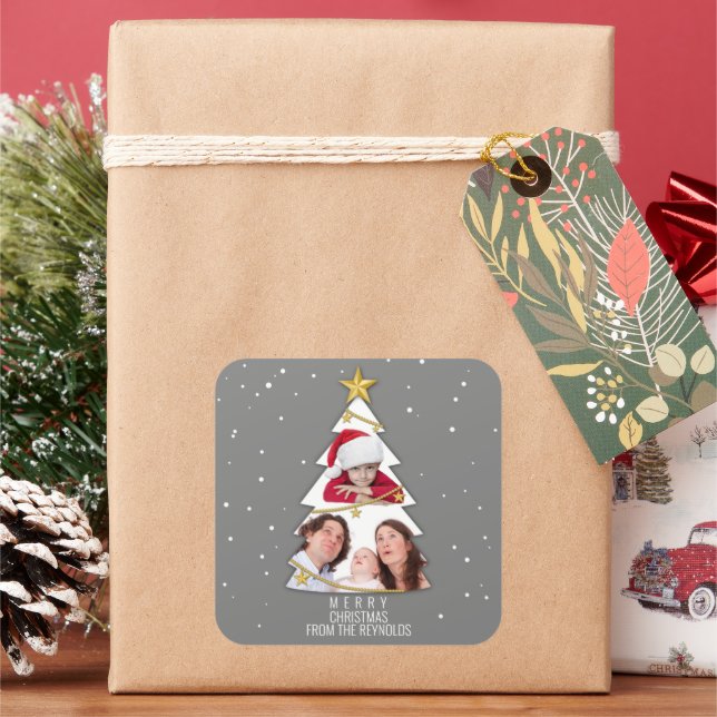 Modern Merry Christmas Tree Photo Collage Grey Square Sticker (Holiday)