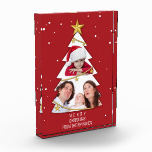 Modern Merry Christmas Tree Photo Collage Red Block