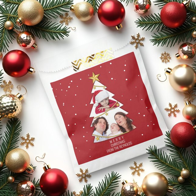 Modern Merry Christmas Tree Photo Collage Red Favour Bag (Creator Uploaded)
