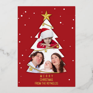 Modern Merry Christmas Tree Photo Collage Red Foil Holiday Card